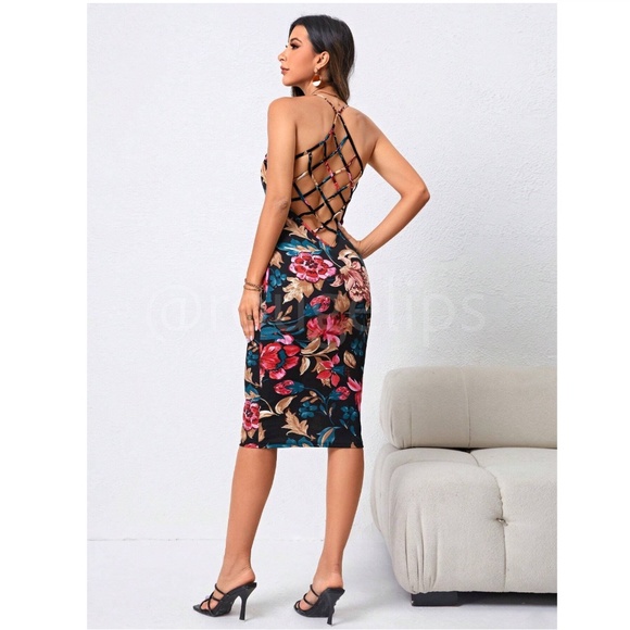 Floral Pattern Black Slim Dress Knee Length Criss Cross Open Back - Picture 3 of 8